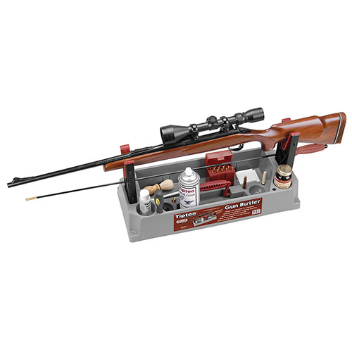 Il Tipton Gun Butler™ è la soluzione tutto-in-uno per la pulizia, trasporto e stoccaggio delle armi, con supporti sicuri e scomparti per tutti gli accessori.