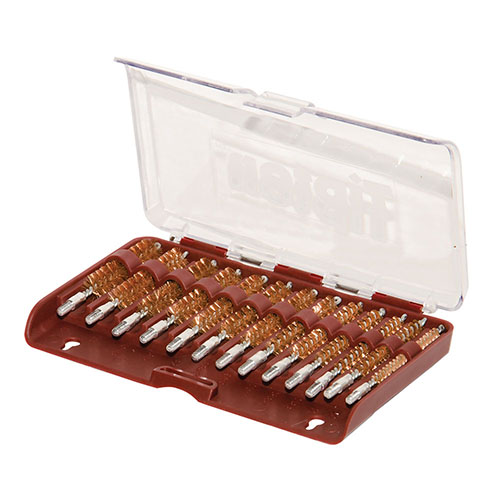 Set di spazzole per canna in bronzo di alta qualità, specifiche per calibro, in una scatola resistente con scomparti, adatto per calibri da .17 a .45.