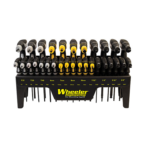 Completa il tuo banco da lavoro con il set di 30 pezzi P-Handle di Wheeler, con supporto elegante e montaggio a parete per un accesso rapido a SAE Hex, Metric Hex e Torx.