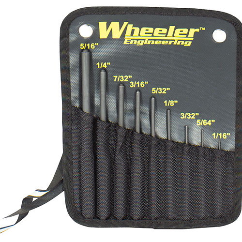 Il set di punte per roll pin Wheeler è realizzato in acciaio temprato, offre 9 misure per un allineamento preciso e previene danni a pin e armi.