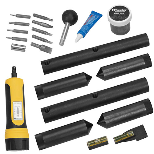 Il Wheeler Scope Mounting Kit Combo include barre di allineamento e lappatura da 1" e 30mm, garantendo un montaggio preciso e professionale per il tuo ottica.