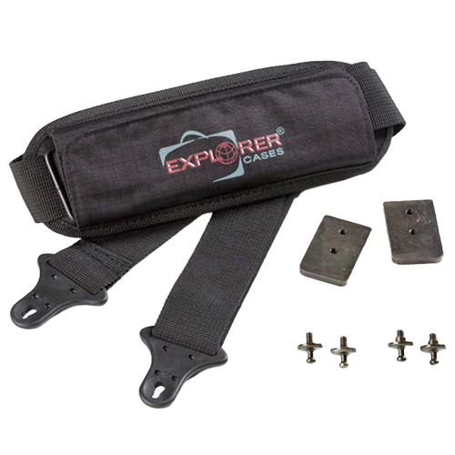 Il Kit Spallaccio Regolabile EXPLORER CASES offre una comoda tracolla estensibile da 106 a 201 cm, 4 nodi filettati e 2 piastre metalliche, ideale per vari modelli.