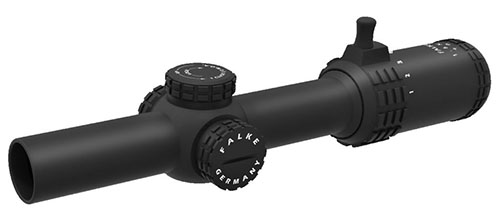 Il Falke 1-6x24 offre un ingrandimento 6x, reticolo illuminato L4 per acquisizione rapida del bersaglio e una superficie resistente per un uso intenso all'aperto.