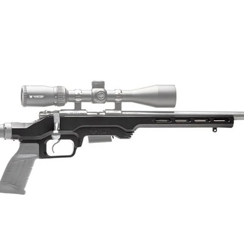 Il sistema di chassis LSS-RF Gen 2 è leggero e compatto, compatibile con fucili 22LR/17 HMR, con forend M-Lok e utilizza caricatori di fabbrica.