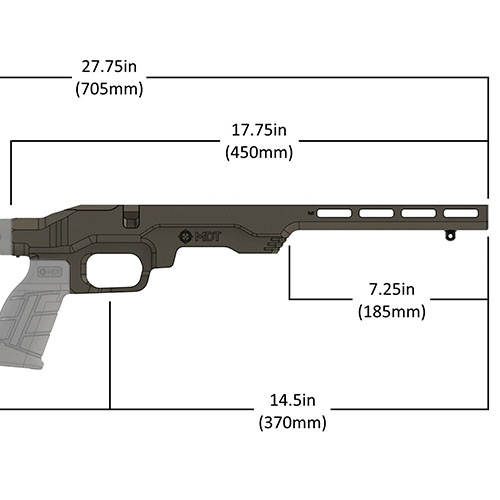 Il sistema di chassis LSS-RF Gen 2 è leggero e compatto, compatibile con fucili 22LR/17 HMR, e accetta impugnature e calci AR per una personalizzazione ottimale.