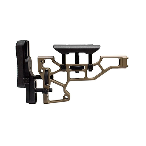 L'MDT Skeleton Rifle Stock offre regolazioni senza attrezzi per un comfort ottimale, con aggiustamenti orizzontali, verticali e di inclinazione, compatibile con chassis ACC e ESS.