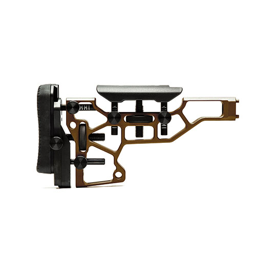 L'MDT Skeleton Rifle Stock offre regolazioni senza attrezzi per un comfort ottimale, con opzioni di piegatura e adattamenti per la posizione di tiro.