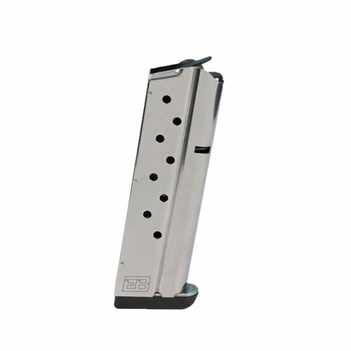 Caricatore 9mm da 9 colpi in acciaio inox, design robusto, finitura Silver o Black Nitride, e base pad intercambiabili per adattarsi a ogni esigenza.
