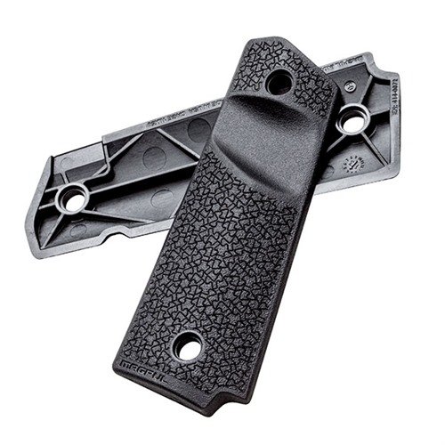 Le MOE Grip Panels per 1911 Full Size offrono una costruzione in polimero rinforzato, texture antiscivolo e taglio per rilascio aggressivo, compatibili con sicurezze ambidestre.
