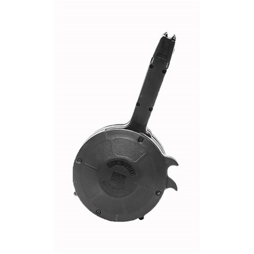 Il caricatore a tamburo KCI da 50 colpi per Glock® 17, 19, 26 offre alta capacità, costruzione robusta e leva di caricamento rapido per ricariche facili.