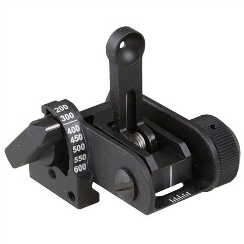 Mirino posteriore di backup USGI MATECH per AR-15, robusto, regolabile fino a 600 metri, si attiva con un tocco e co-witness con ottiche non ingrandite.