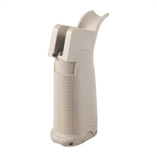 Il grip AR-15 MOD-1 GUNFIGHTER offre un angolo ridotto, superficie testurizzata per una presa sicura, e un vano per riporre piccoli oggetti, migliorando il controllo del fucile.