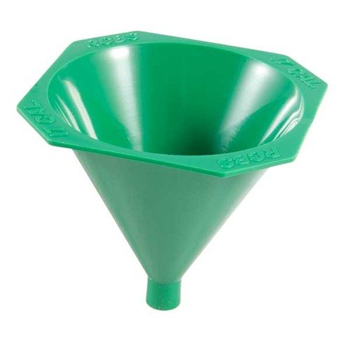 Il funnel RCBS per polvere calibro 17-20 presenta un tubo di caduta progettato per evitare fuoriuscite, una superficie anti-statico e un bordo quadrato per stabilità.