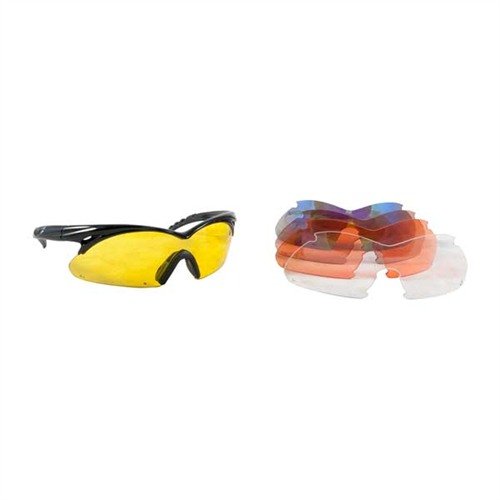 Occhiali da tiro RADIANS con lenti intercambiabili per ogni condizione di luce, protezione UV, montatura leggera e comfort per un utilizzo prolungato.