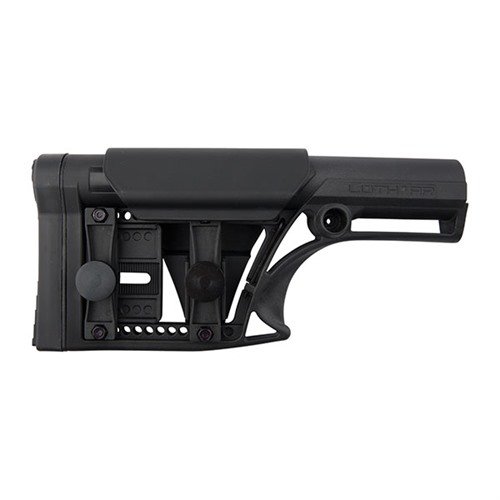 La stock AR-15 LUTH-AR in nylon rinforzato offre regolazioni per il calcio e il poggiaguancia, con peso ridotto e 2 attacchi QD per slinge.