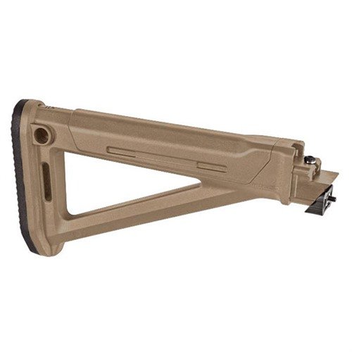 L'AK-47 MOE Stock di Magpul offre una costruzione ottimizzata, immagazzinamento interno, posizionamento QD per slings e un pad in gomma per assorbire gli urti.