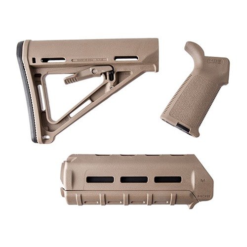 Aggiorna facilmente il tuo fucile con il set di mobili Magpul MOE, che include il calcio Mil-Spec, il forend carabina e il grip, disponibili in vari colori.