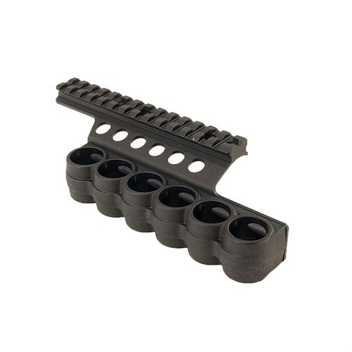 Il SURESHELL POLYMER SHOTSHELL CARRIER offre un trasporto sicuro di 6 cartucce, realizzato in polimero resistente e leggero, facile da montare su fucili Remington e Benelli.