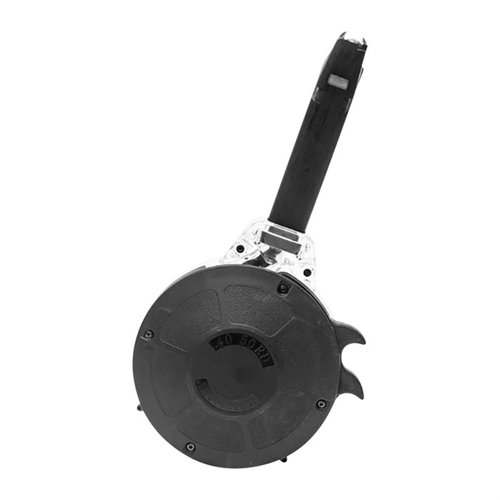 Il caricatore a tamburo KCI da 50 colpi per Glock® 22/23 offre capacità elevata, costruzione robusta in polimero e acciaio e sistema di caricamento rapido.