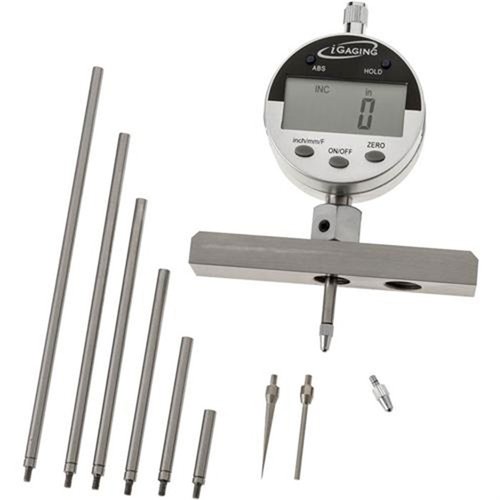 Il set di calibro di profondità digitale iGAGING offre misurazioni precise fino a 22 pollici, con risoluzione di 0.0005" e aste di estensione personalizzabili.