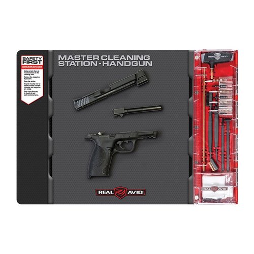 Migliora la tua esperienza di pulizia con la MASTER CLEANING STATION di Real Avid, progettata per pistole di vari calibri, con un ampio spazio di lavoro e kit di pulizia specifici.