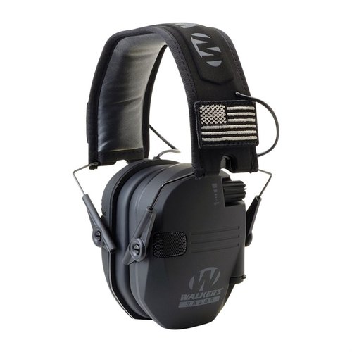 Proteggi il tuo udito con i Walkers Razor Patriot Series: comfort, riduzione del suono di 23 dB e design patriottico con patch a bandiera americana.
