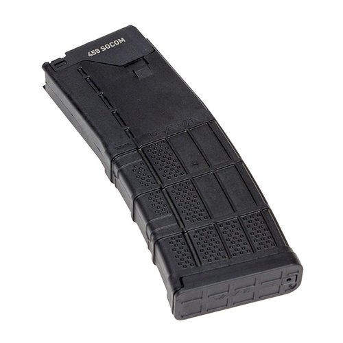 .458 SOCOM magazine progettata per prestazioni ottimali, compatibile con 10 colpi di .458 SOCOM e 30 colpi di 5.56 NATO, migliorando l'affidabilità.