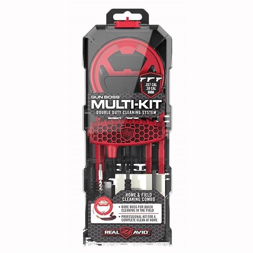 Il GUN BOSS MULTI-KIT offre una pulizia rapida e completa per armi di calibro 357/38 e 9MM, con il Bore Boss e tutti gli strumenti necessari per una manutenzione efficace.