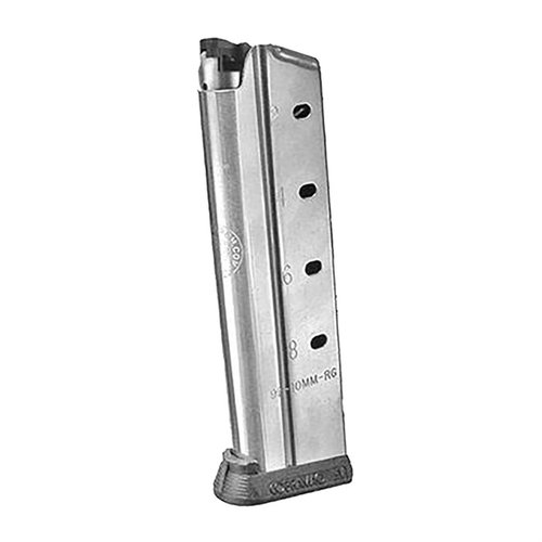 Il caricatore 9R-10mm-RG offre 9 colpi per pistole Government Full Size, con finitura in acciaio inox, follower ibrido e base rimovibile per prestazioni ottimali.