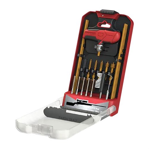 Kit di pulizia per fucile da 21 pezzi con manico personalizzato, supporto per strumenti, e accessori per calibro .22, .27/.28, .243, .30/.308 e 6.5mm/.264.