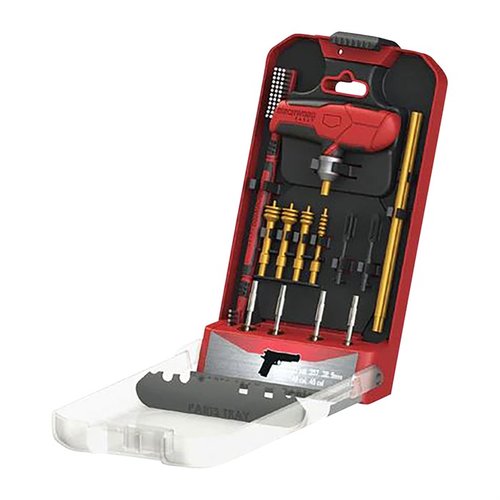Il kit di pulizia per pistole da 16 pezzi BIRCHWOOD CASEY include un manico personalizzato con chuck di bloccaggio, spazzole e accessori per una pulizia efficace.