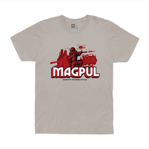 La T-shirt NONSTOP POLYMER ACTION di MAGPUL è realizzata in cotone 100% ring-spun, con collo a giro e cuciture resistenti, per comfort e durata.