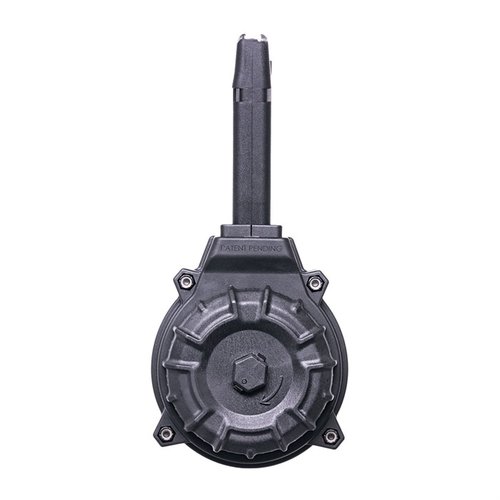 Caricatore a tamburo da 50 colpi per Glock® 17 e 19 in 9mm, realizzato in polimero DuPont® Zytel™, con molla in filo di silicio cromato trattato.