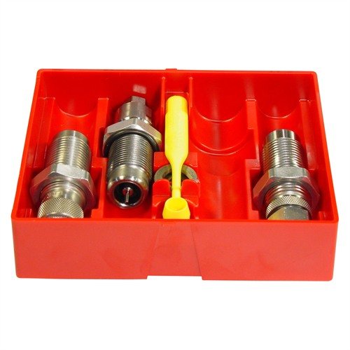 Il set di die in carburo per pistola 454 Casull include un die di dimensionamento, un die di caricamento proiettile e un die di espansione, senza necessità di lubrificazione.