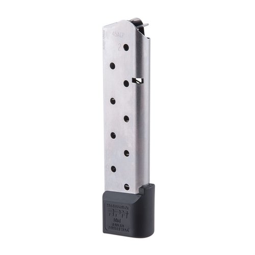 Il caricatore Chip McCormick .45 ACP Railed Power Mag offre un'alimentazione ultra fluida, una struttura in acciaio inox resistente alla corrosione e una capacità di 10 colpi.