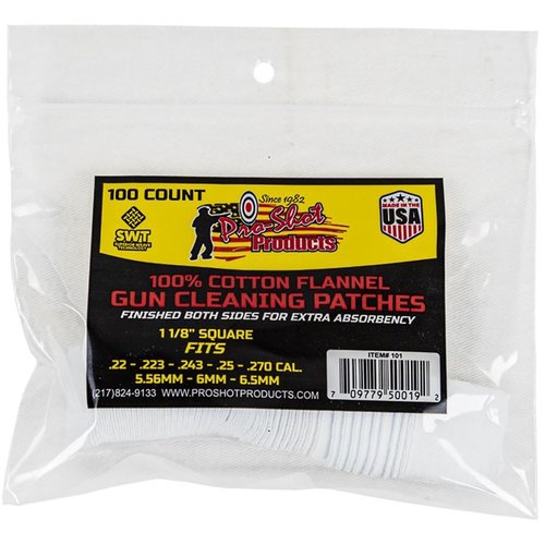 .22-.270 CAL. 100CT. PATCHES di PRO SHOT PRODUCTS, INC offrono una pulizia efficace e precisa per le armi, garantendo prestazioni ottimali e durata nel tempo.