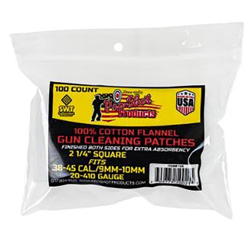 .38-.45 CAL./20-.410GA. Patches da 100 pezzi, ideali per una pulizia efficace e precisa delle armi, garantendo prestazioni ottimali e durata nel tempo.
