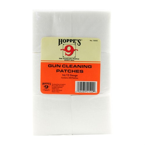 I Patches Hoppes 16/12ga sono realizzati in cotone di alta qualità, perfetti per una pulizia efficace delle canne, con 300 pezzi per un utilizzo prolungato.