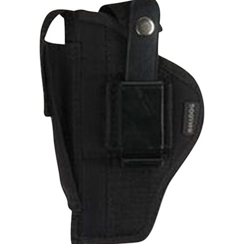 L'Holster Ambi Bulldog Belt/Clip in nero è progettato per pistole con canna di 5-6 1/3 pollici, offrendo versatilità, comfort e sicurezza durante il trasporto.