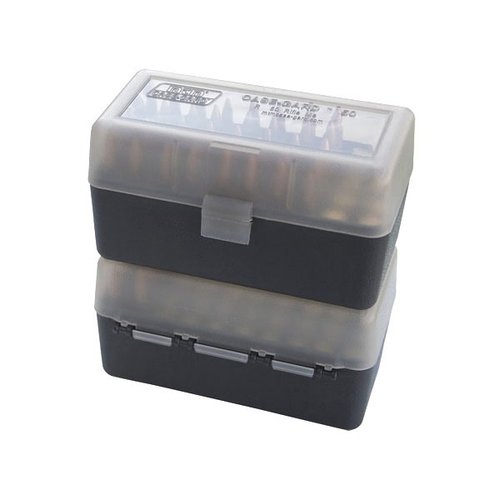 La scatola per munizioni Ammo Box 50rd Flip-Top è ideale per 223, 204 Ruger e 6x47, con un design trasparente/fumoso per una facile identificazione.