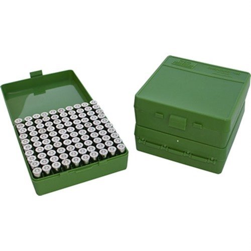 La MTM Ammo Box 100 Round Flip-Top è ideale per il trasporto e la conservazione di munizioni 40, 10mm e 45 ACP, con un design pratico e robusto.