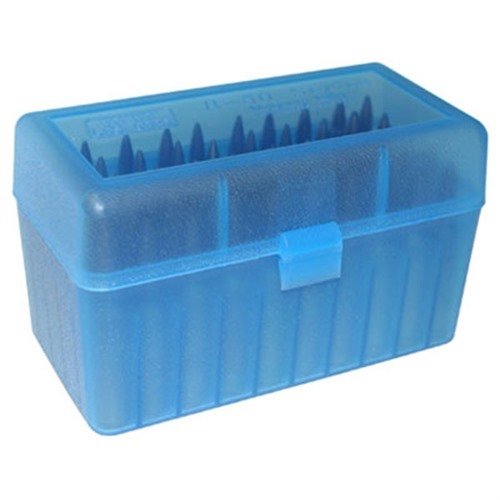 La scatola MTM Ammo Box 50 Round Flip-Top offre una protezione eccellente per le munizioni 300 WSM, 45-70 e 7mm R SAUM, con un design pratico e resistente.