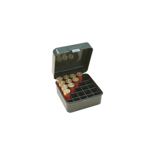 La MTM Shotshell Box contiene 25 cartucce di calibro 12 e 20 fino a 3 pollici, con un design flip-top per un facile accesso e una protezione ottimale.