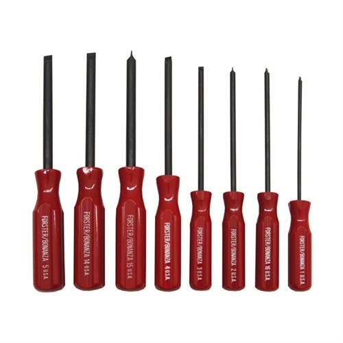 Gli avvitatori Forster, con punte parallel ground in acciaio temprato e manici ergonomici, offrono precisione e controllo per la manutenzione delle armi.