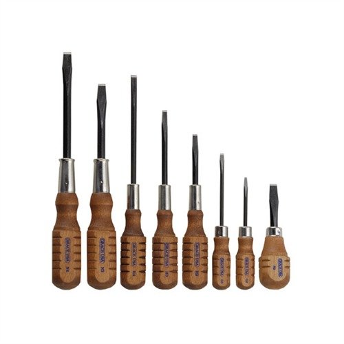 Il set di cacciaviti Grace USA offre manici in legno, punte indurite e un robusto shank quadrato, garantendo precisione e durata per i lavori di gunsmithing.