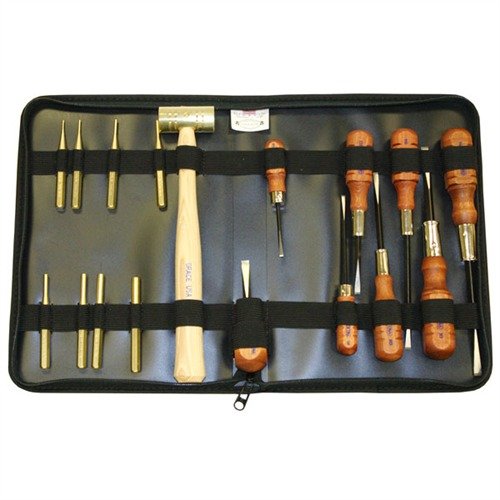 Set di attrezzi per armi di 17 pezzi, compatto e leggero, ideale per riparazioni rapide in campo; include cacciaviti, punte in ottone e un martello in ottone.