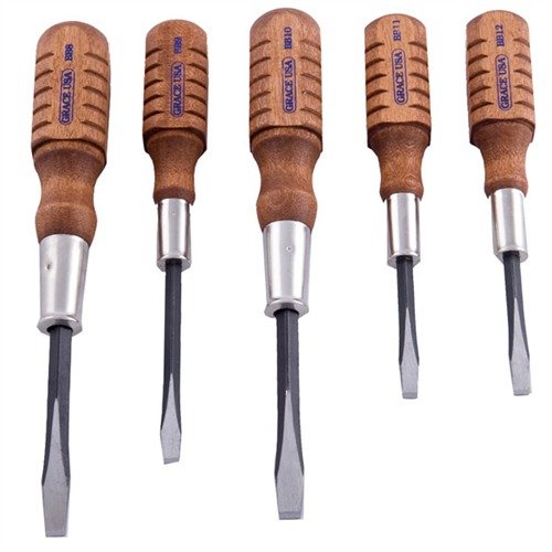 Set di cacciaviti Browning con punte indurite e manico in legno, progettato per adattarsi perfettamente ai bulloni delle armi Browning A-5.