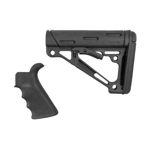 Il kit Hogue include un'impugnatura in gomma con scanalature per le dita e un calcio collassabile, progettato per comfort, stabilità e montaggio versatile su tubi Mil-Spec.