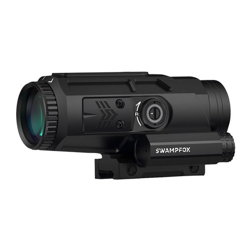 Saber 5X è un mirino prismatico 5x con un campo visivo di 10 gradi, montaggio ambidestro e illuminazione rossa/verde, perfetto per transizioni rapide.