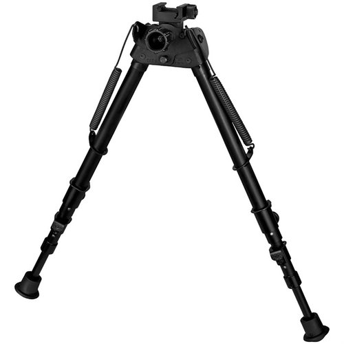 Il bipiede S-25CP Harris si estende da 13,5" a 27", è ultraleggero (21,5 oz) e si attacca direttamente a una Picatinny Rail, ideale per terreni irregolari.